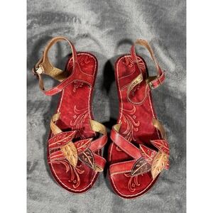 Spring Step Shoes Womens Sz 8.5 Red Marigold Leather Wedge Sandals Floral EU 39